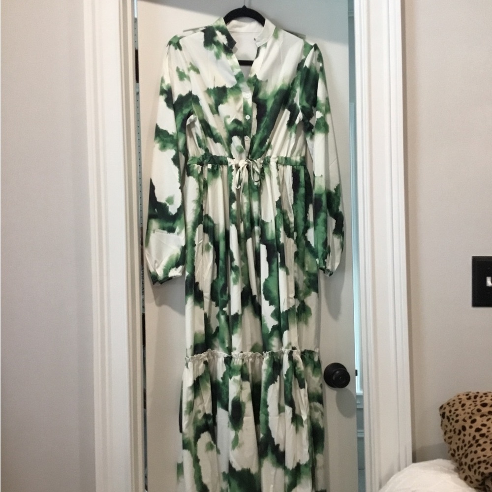 Green and White Button-Up Dress - Picture 3 of 7